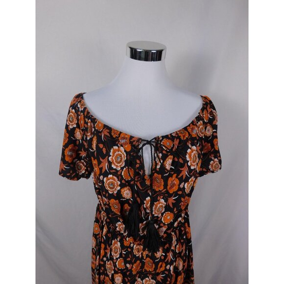 SHEIN Curve Dress Womens 1XL Black Orange Boho Floral Tassel Tie Short Sleeve - Picture 2 of 12